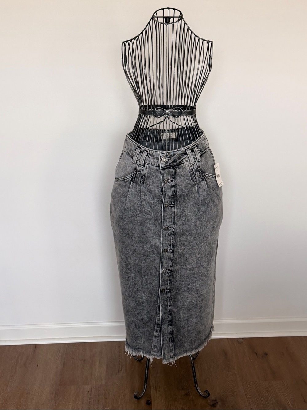 Retro Free People Black Acid Wash Denim Skirt